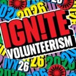 Vibrant images created from words written in different colours: red, yellow, white, blue, purple, green. Main words: Ignate Volunteerism; IVY26; 2026;
