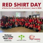 Visual shows a photo group of Family Service Toronto staff dressed in red shirts. Title reads: Red Shirt Day of Action fo AccessAbility & Inclusion, June 3, 2026 At the bottom are included Nataional AccessAbility Week 2026, Family Service Toronto logos and Canada wordmark