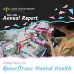 Image shows a collage artists cutting images from various magazines. Title reads 2025 - 2026 Annual Report Giving Voice to Queer/Trans Mental health